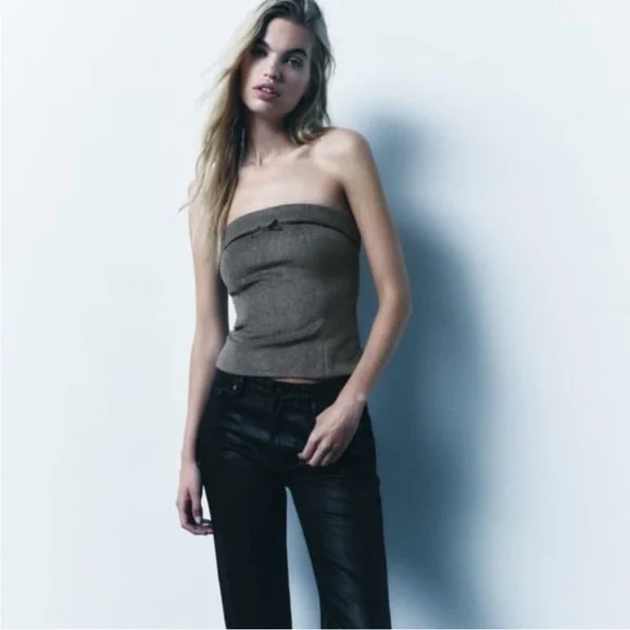 Zara Strapless Flannel Bow Top Grey Black Tube Top Wool Blend Size Small NWT - Picture 2 of 10